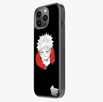Crimson Chaos Smile Glass Case photographed in natural light showing reflective finish and design depth.