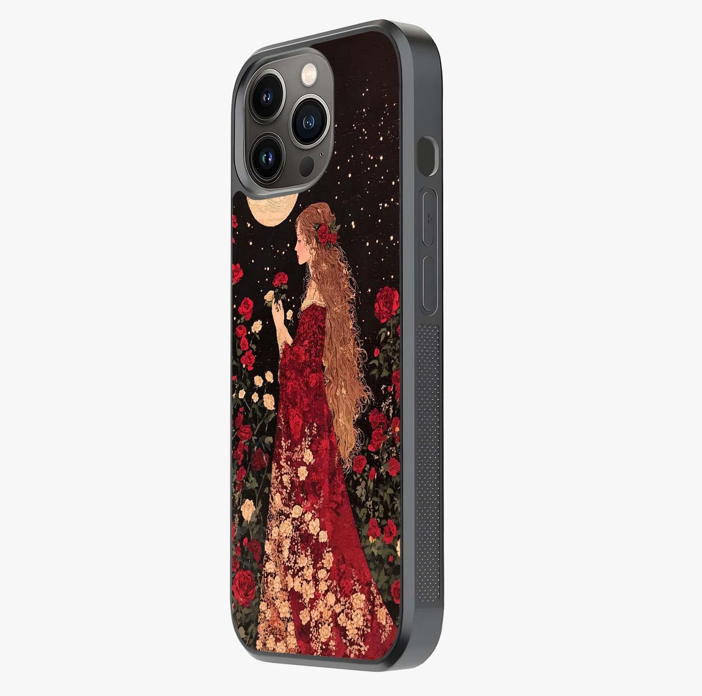 Crimson Dreams Glass Case photographed in natural light showing reflective finish and design depth.