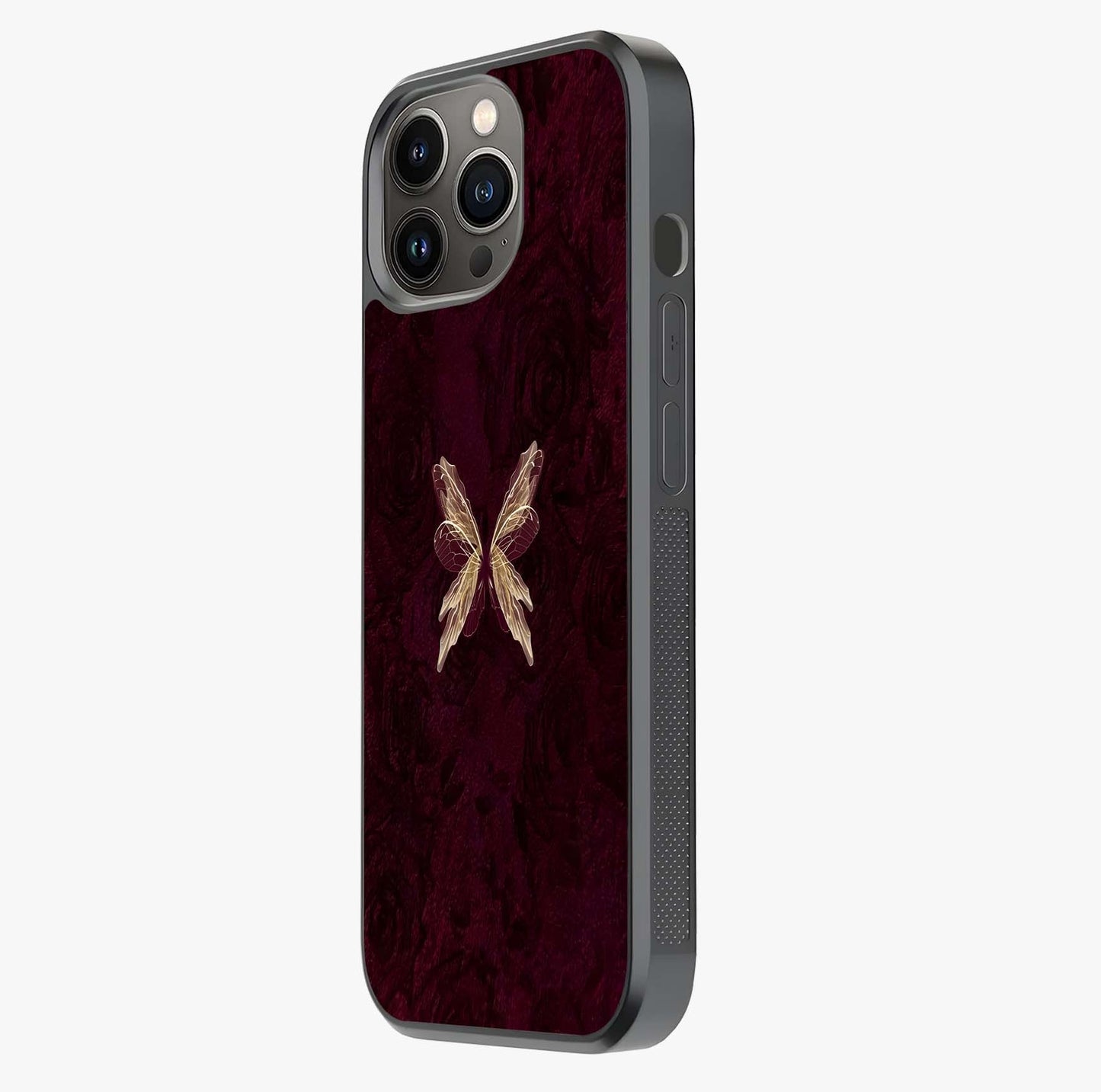 Crimson Fade Butterfly Glass Case photographed in natural light showing reflective finish and design depth.