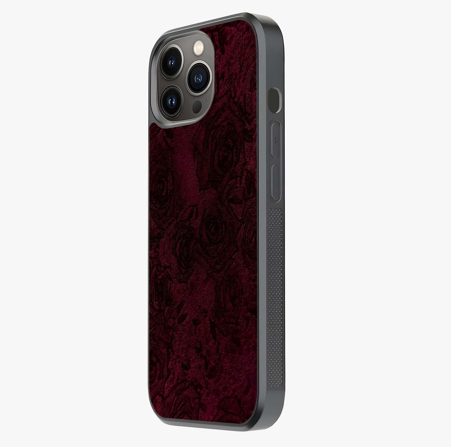 Crimson Fade Flow Glass Case photographed in natural light showing reflective finish and design depth.