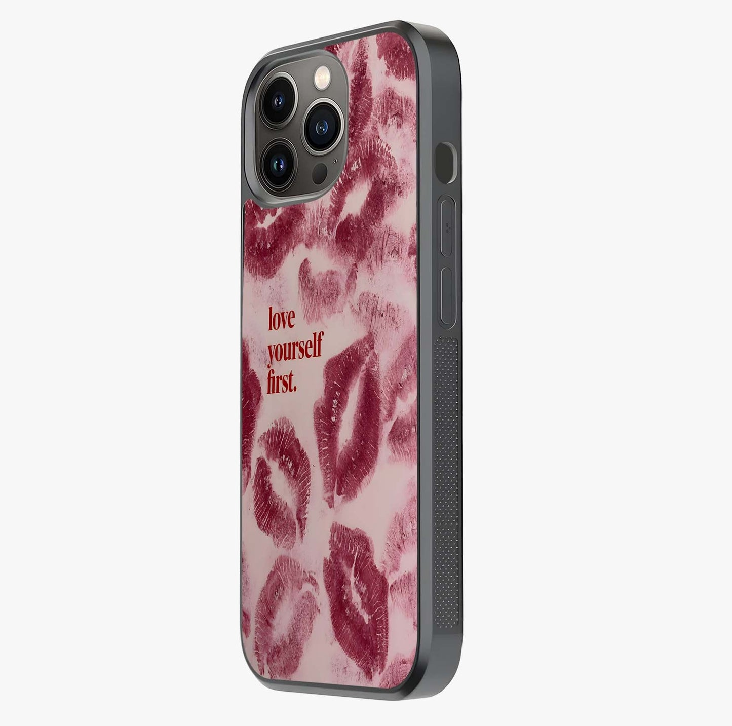 Crimson Kiss Love Glass Case photographed in natural light showing reflective finish and design depth.