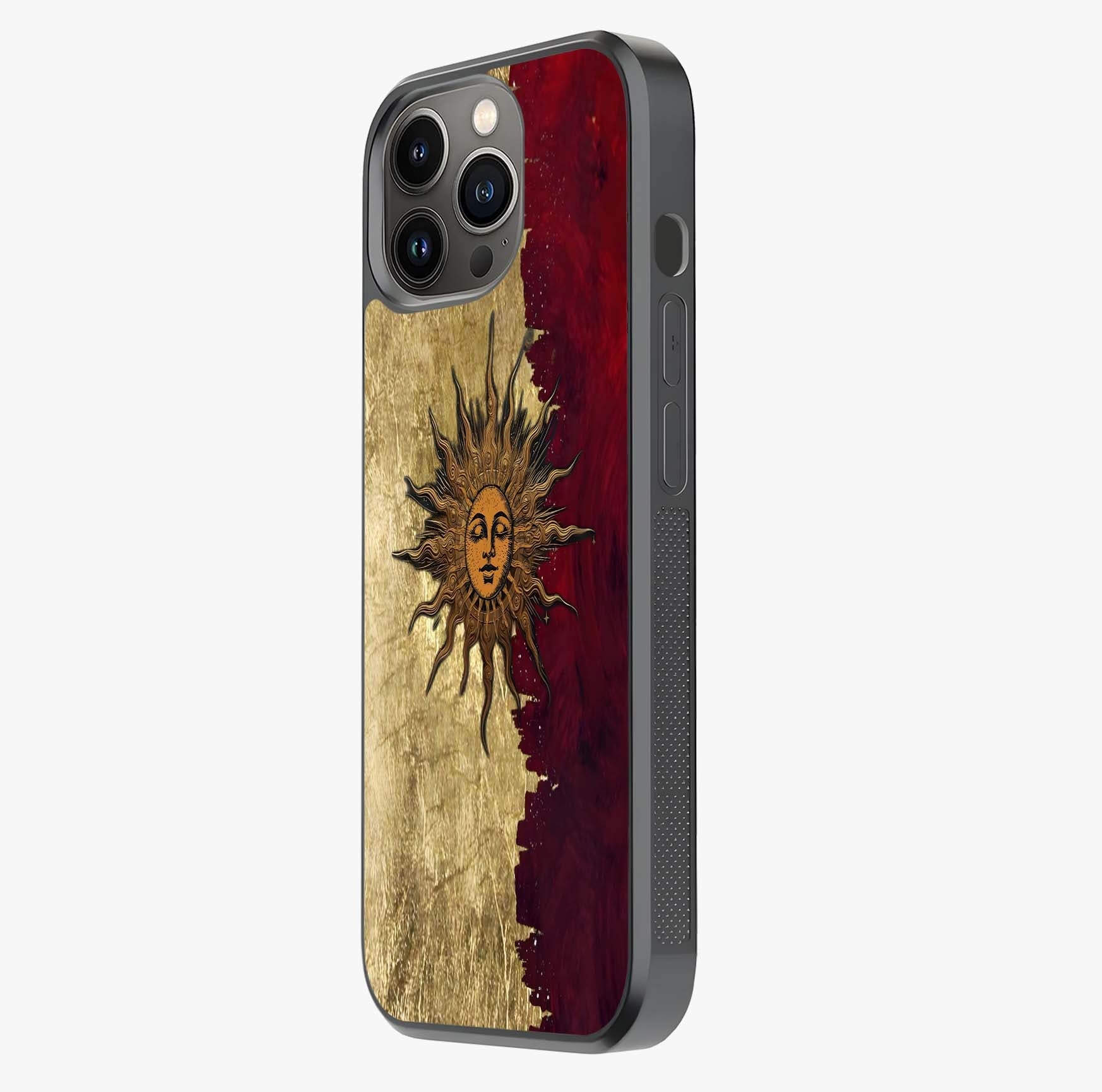 Crimson Sun Majesty Glass Case photographed in natural light showing reflective finish and design depth.
