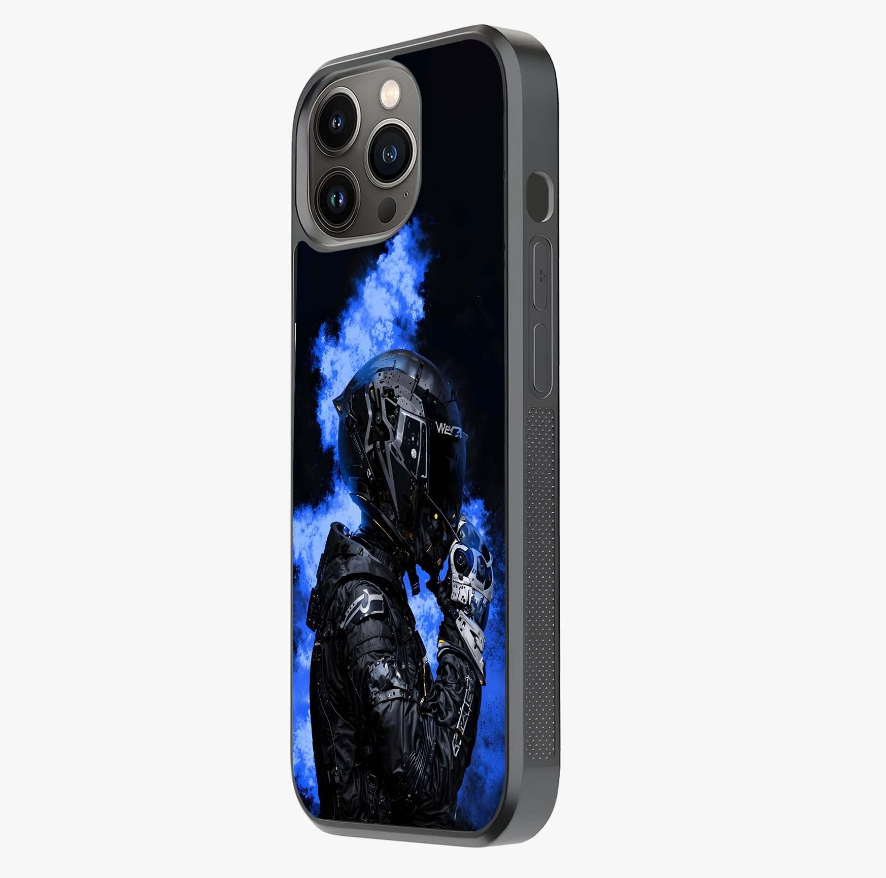 Cyber Sentinel Protocol Glass Case photographed in natural light showing reflective finish and design depth.