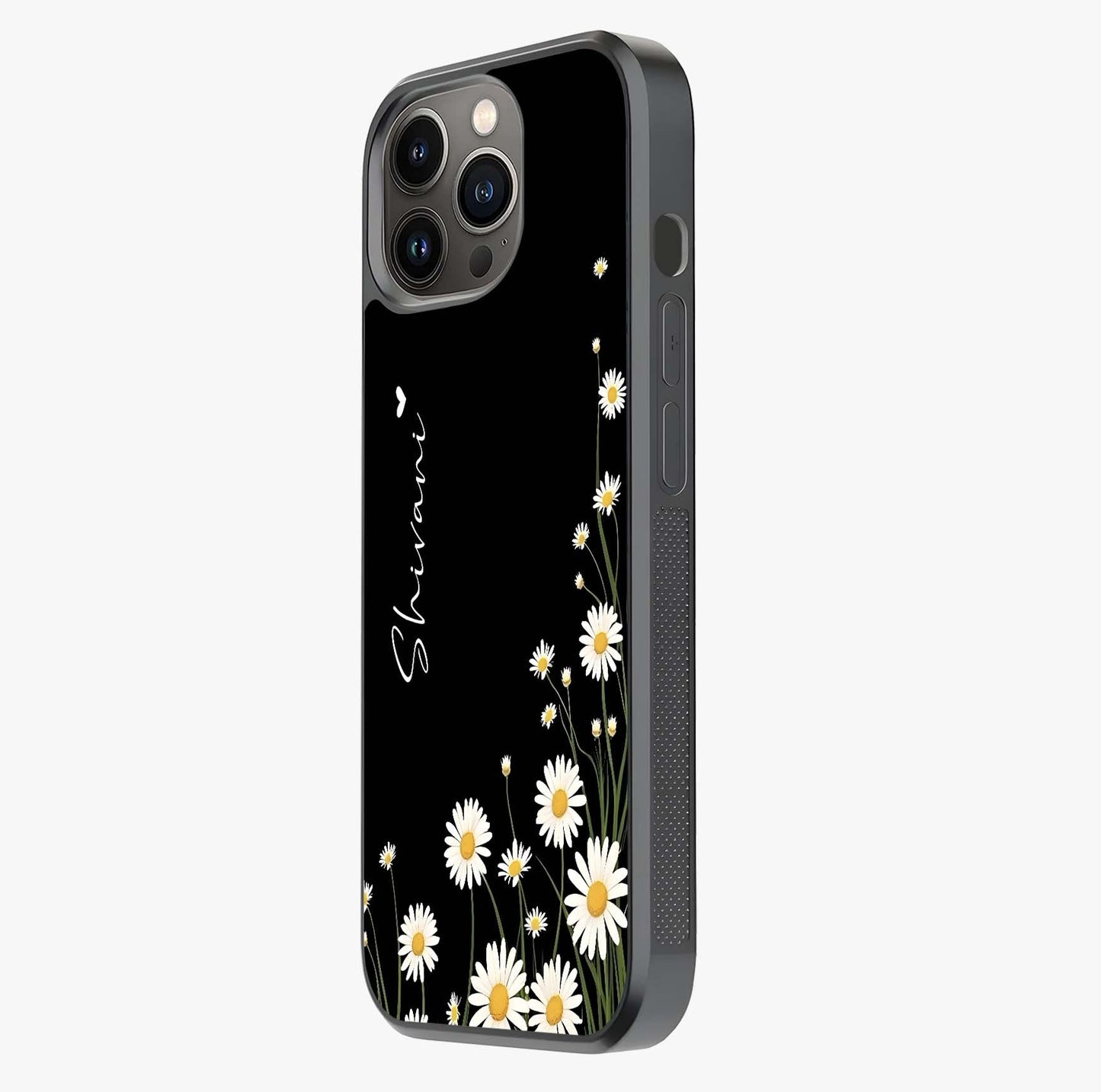 Daisy Cascade Custom Name Glass Case photographed in natural light showing reflective finish and design depth.