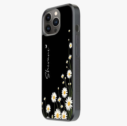 Daisy Cascade Custom Name Glass Case photographed in natural light showing reflective finish and design depth.