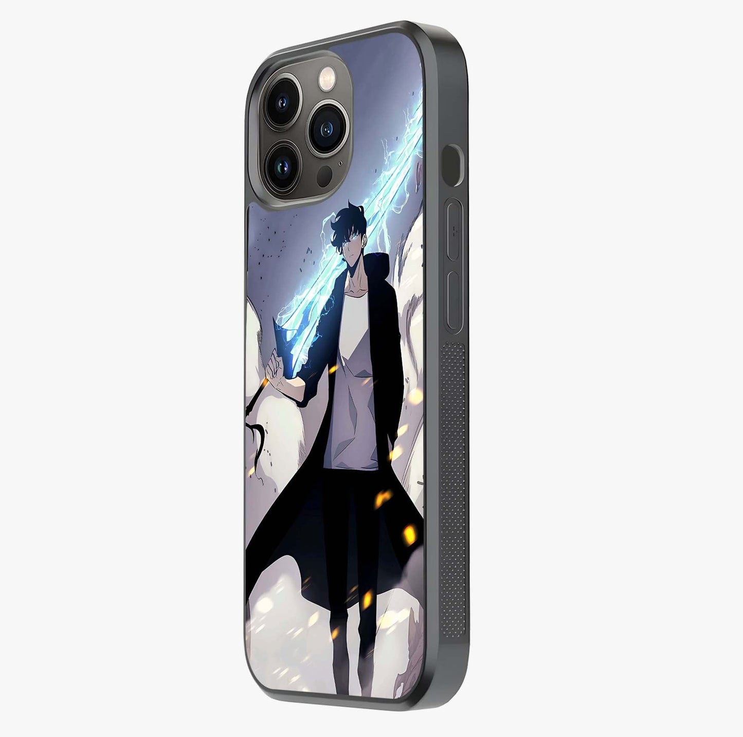 Dark Lightning Anime Warrior Glass Case photographed in natural light showing reflective finish and design depth.