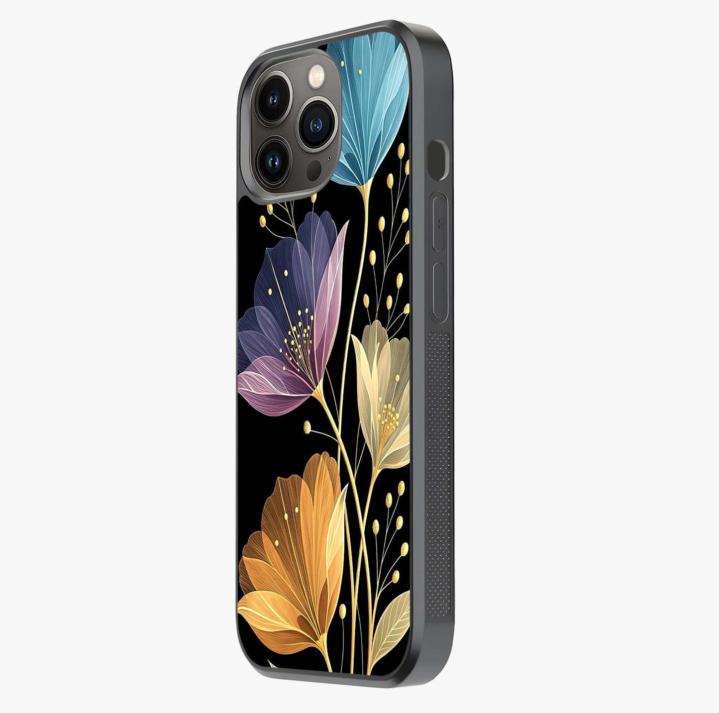 Delicate Multicolor Flowers Glass Case photographed in natural light showing reflective finish and design depth.