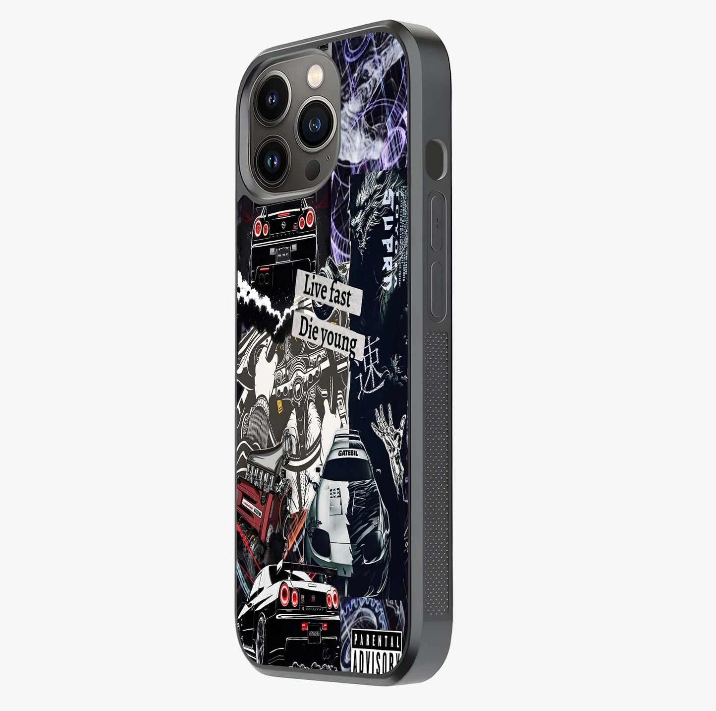 Die Young Glass Case photographed in natural light showing reflective finish and design depth.