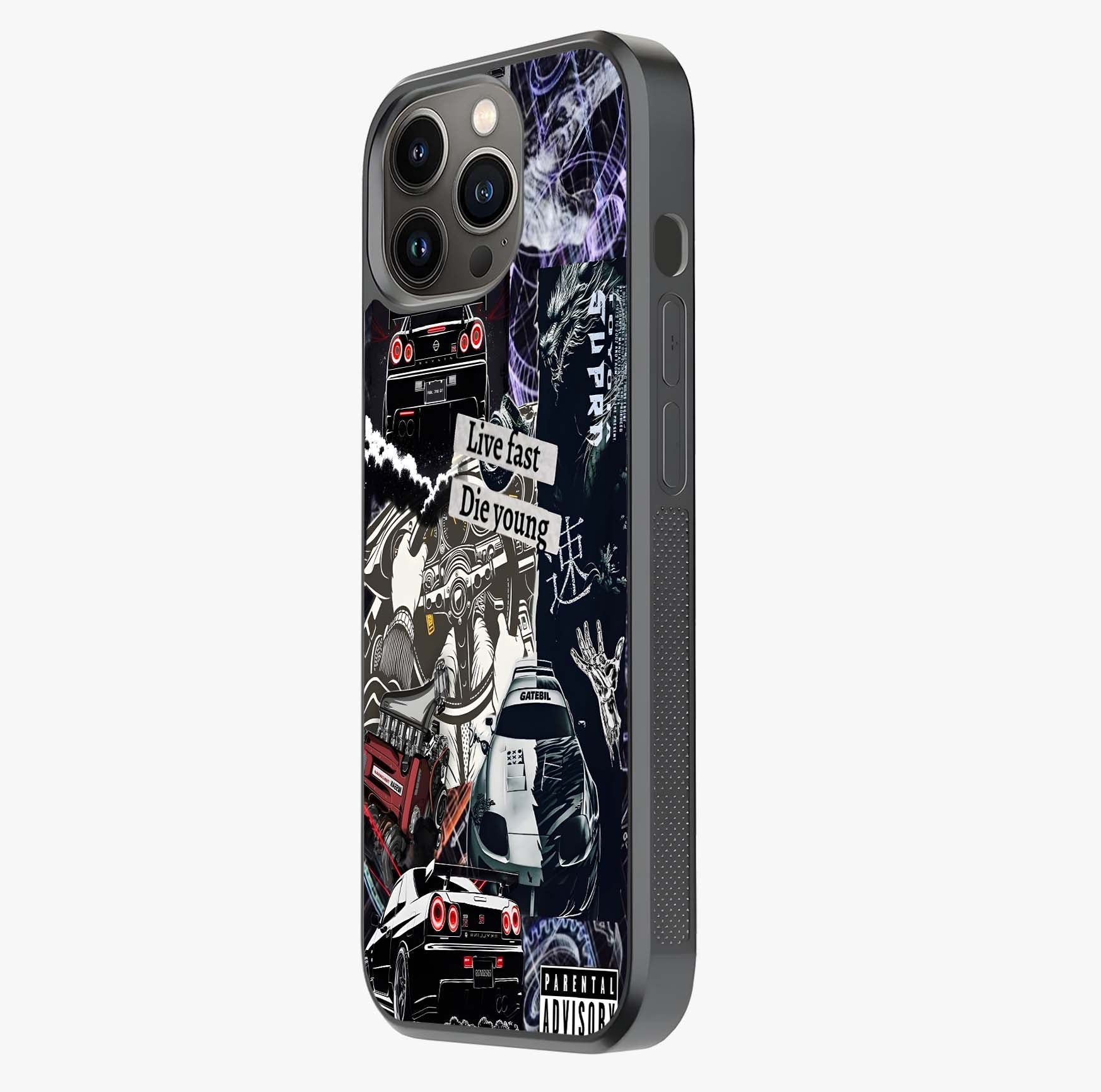 Die Young Glass Case photographed in natural light showing reflective finish and design depth.