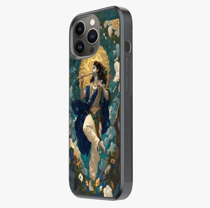 Divine Krishna Art Glass Case photographed in natural light showing reflective finish and design depth.