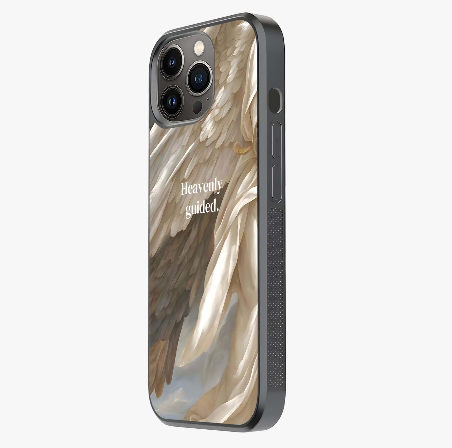 Divine Winged Grace Glass Case photographed in natural light showing reflective finish and design depth.