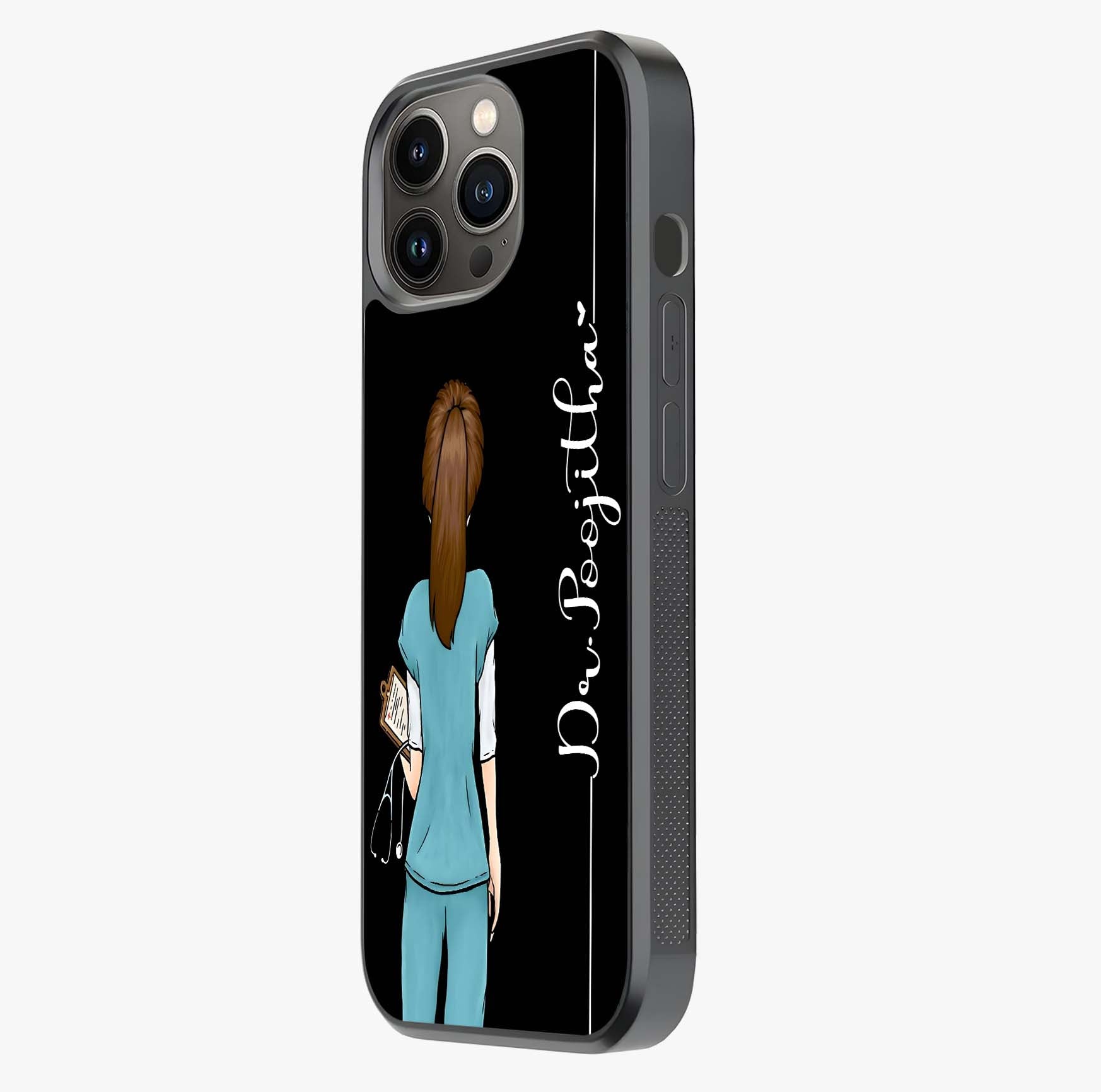 Doctor Pattern Custom Name Glass Case photographed in natural light showing reflective finish and design depth.