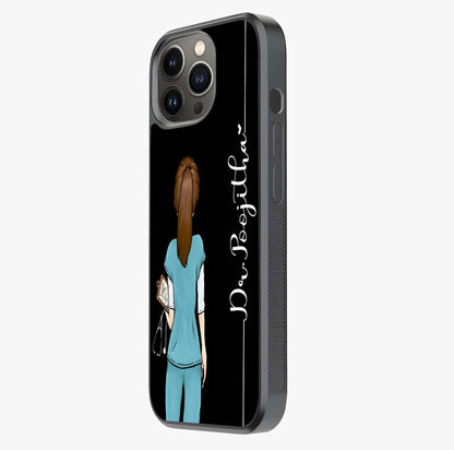 Doctor Pattern Custom Name Glass Case photographed in natural light showing reflective finish and design depth.