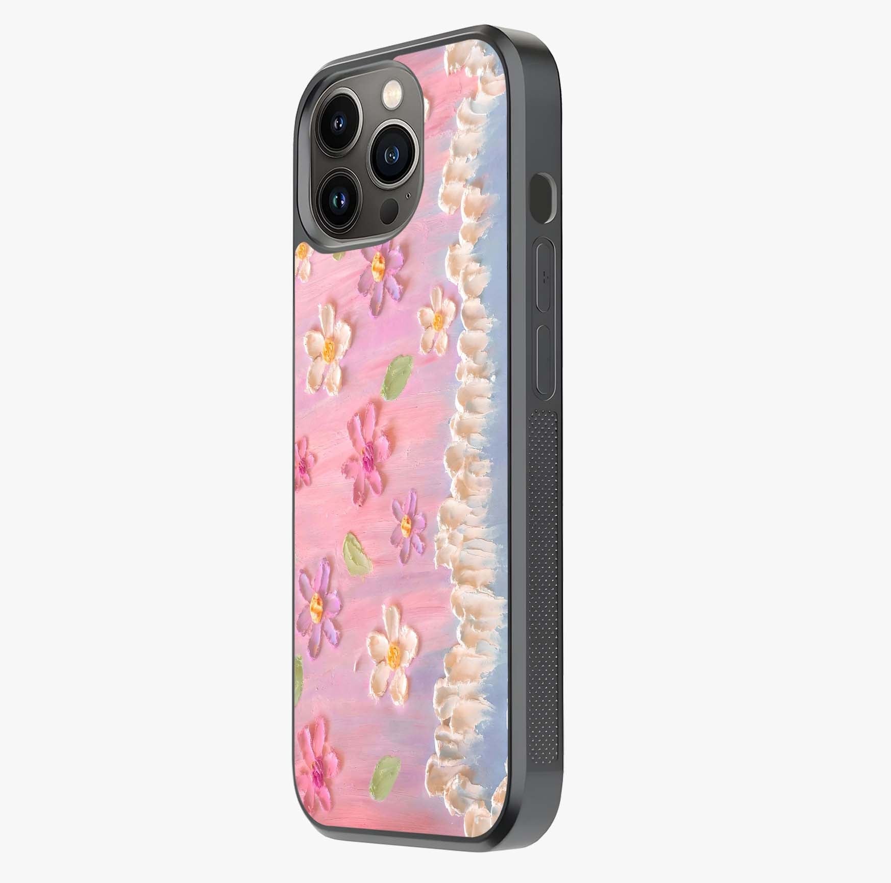 Dreamy Painted Garden Glass Case photographed in natural light showing reflective finish and design depth.