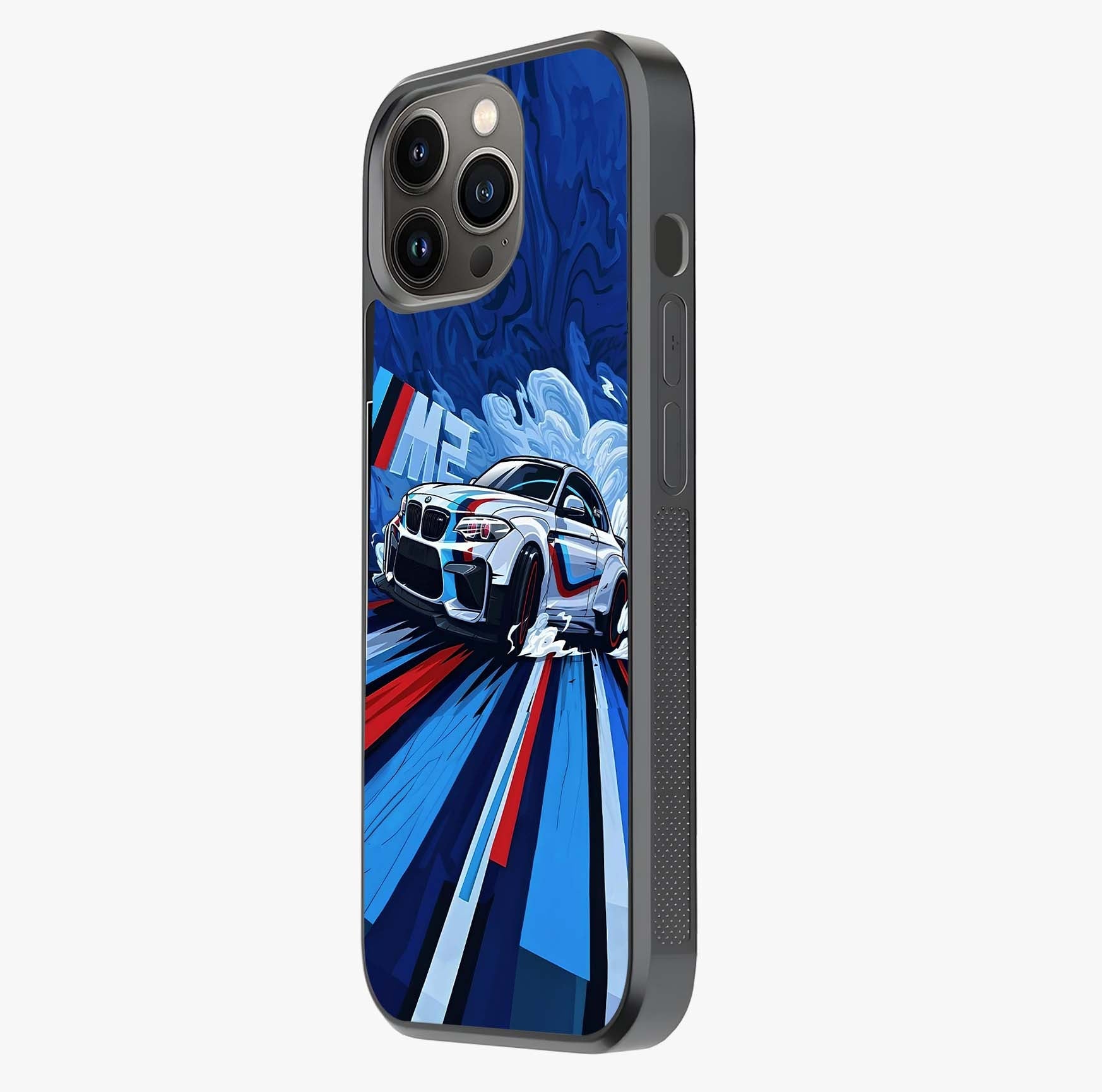 Drift Power Rush Glass Case photographed in natural light showing reflective finish and design depth.