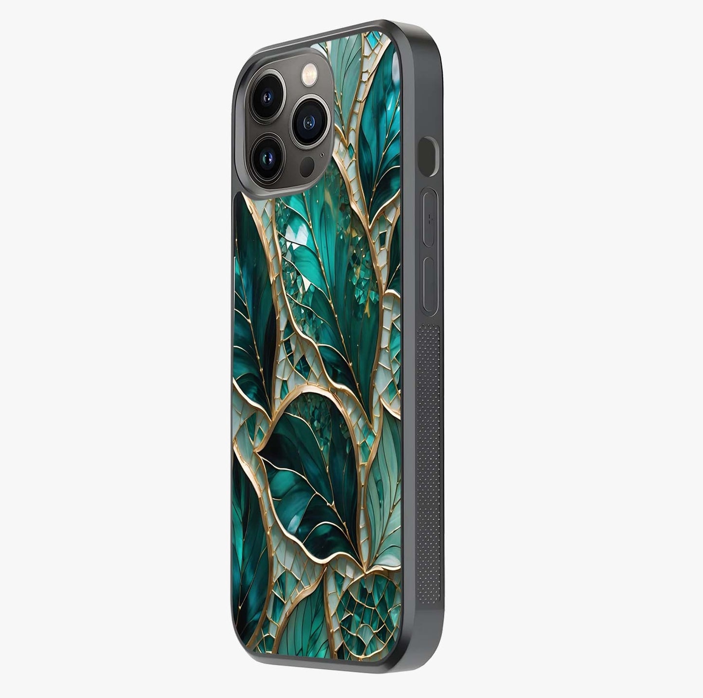 Emerald Leaf Glass Glass Case photographed in natural light showing reflective finish and design depth.