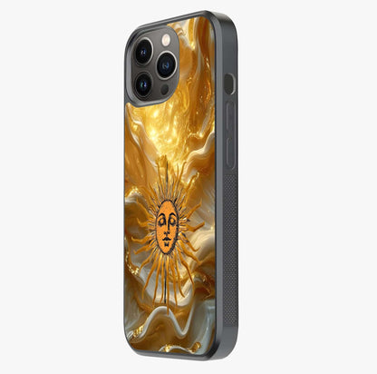Eternal Golden Glow Glass Case photographed in natural light showing reflective finish and design depth.