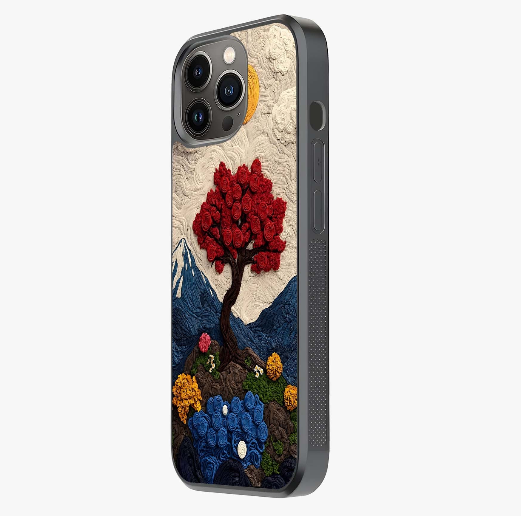 Eternal Nature Tapestry Glass Case photographed in natural light showing reflective finish and design depth.