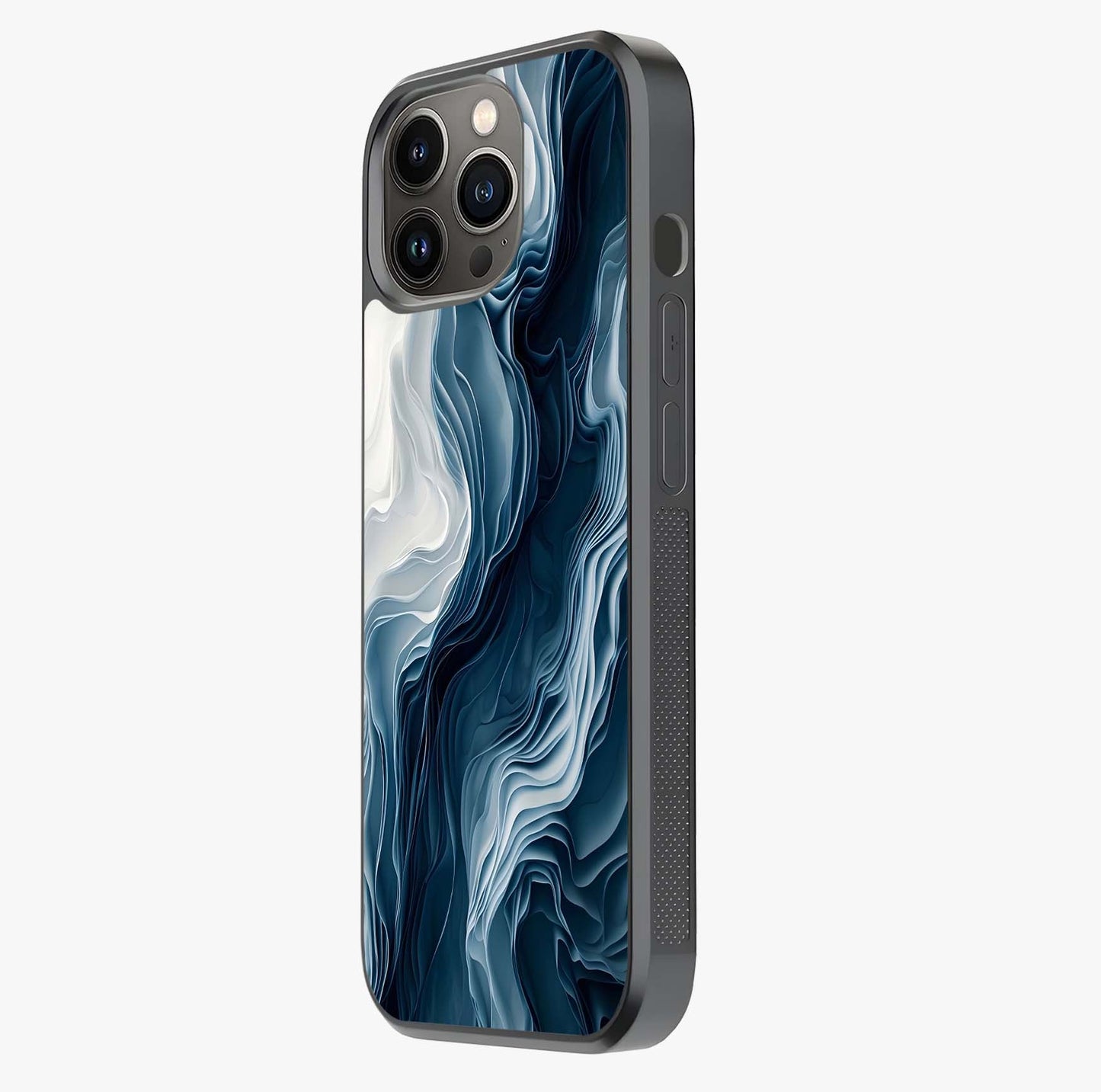 Ethereal Paper Marble Glass Case photographed in natural light showing reflective finish and design depth.