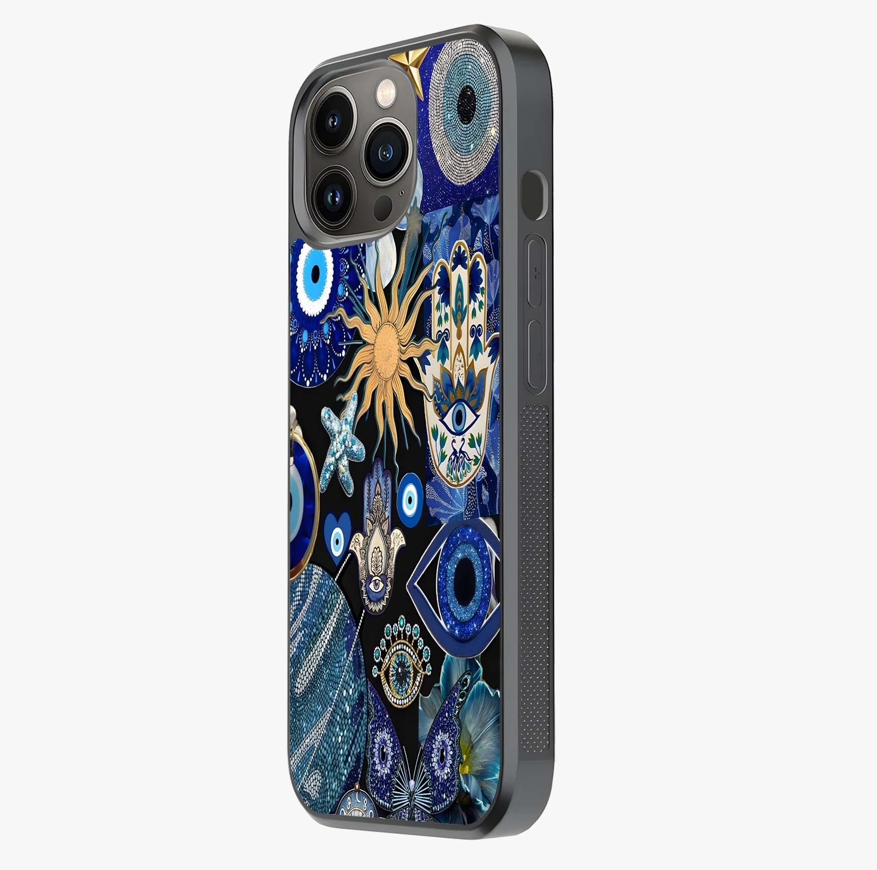 Evil Eye Charm Mix Glass Case photographed in natural light showing reflective finish and design depth.