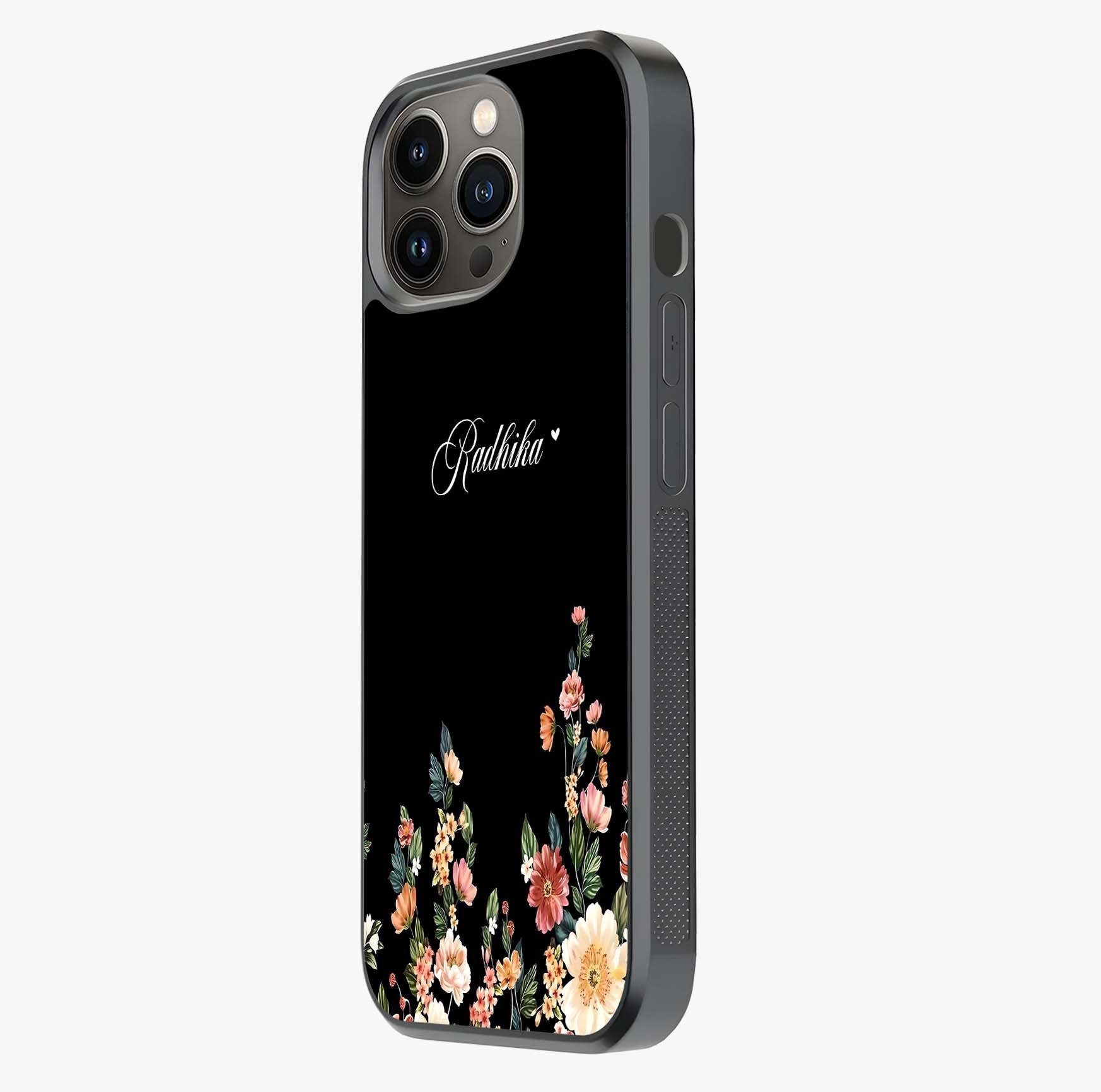 Floral Design With A Custom Personalized Name Glass Case photographed in natural light showing reflective finish and design depth.