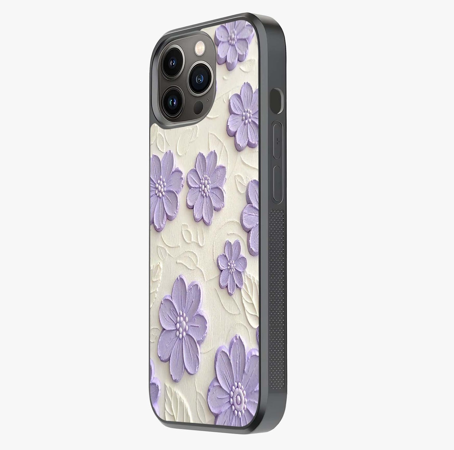 Floral Wall Art With Purple Flowers Glass Case photographed in natural light showing reflective finish and design depth.