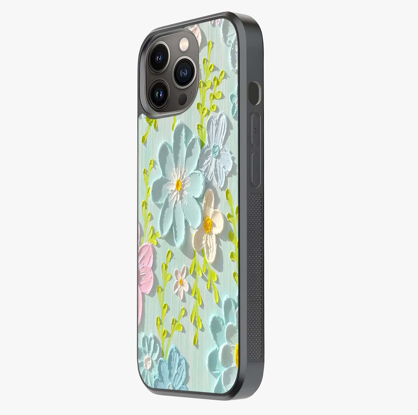 Frosted Petal Garden Glass Case photographed in natural light showing reflective finish and design depth.