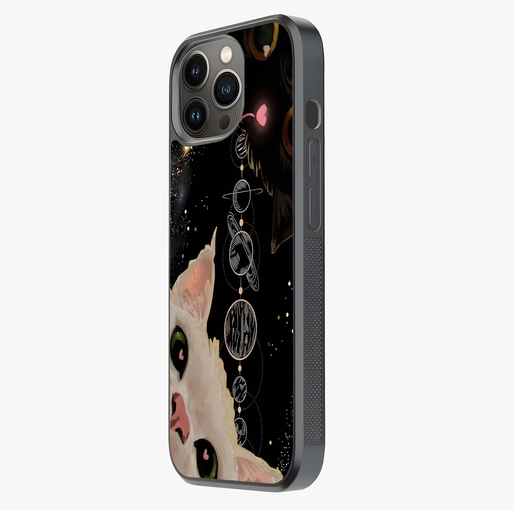 Galactic Cat Glass Case photographed in natural light showing reflective finish and design depth.