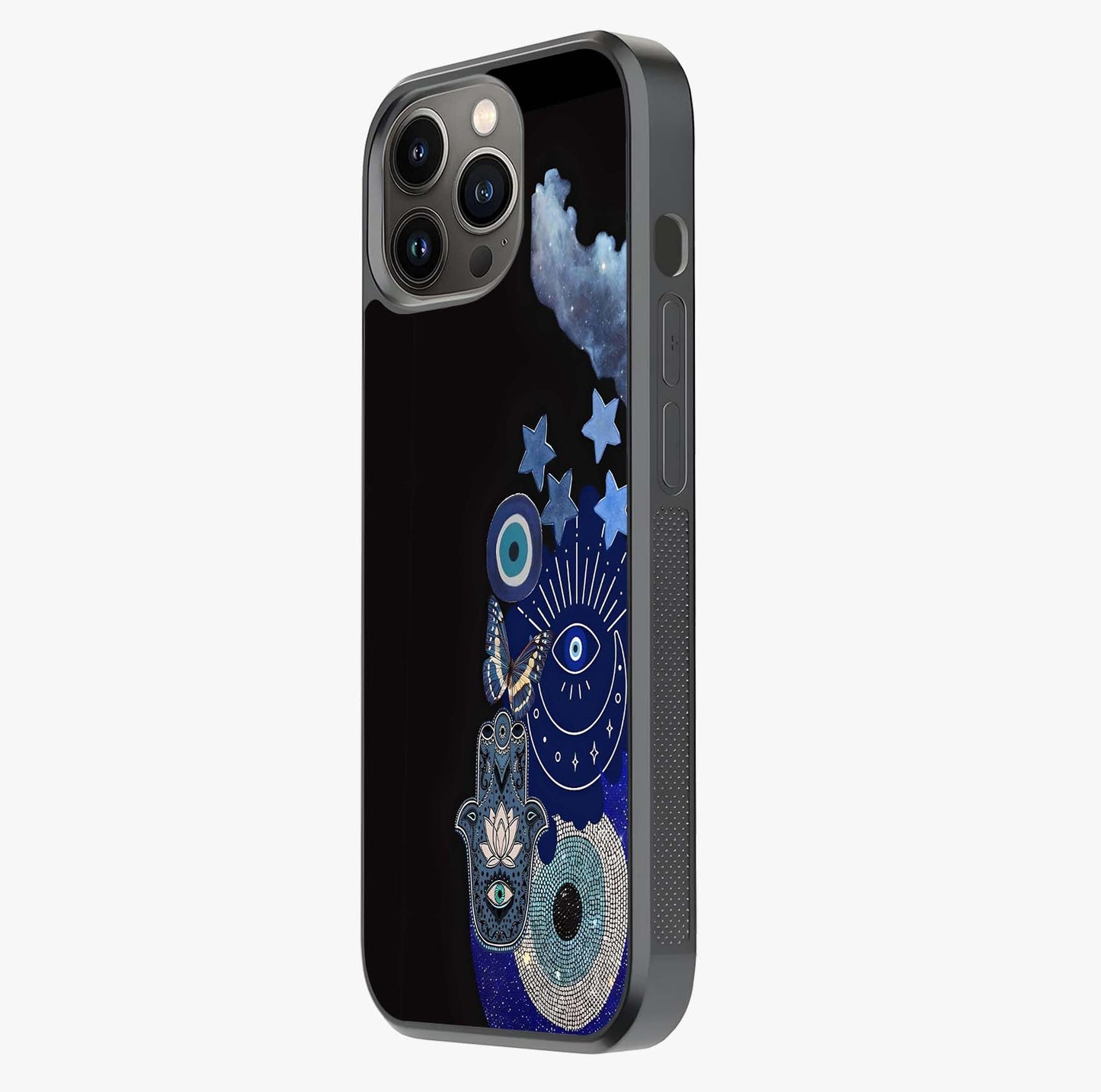 Galactic Charm Cluster Glass Case photographed in natural light showing reflective finish and design depth.