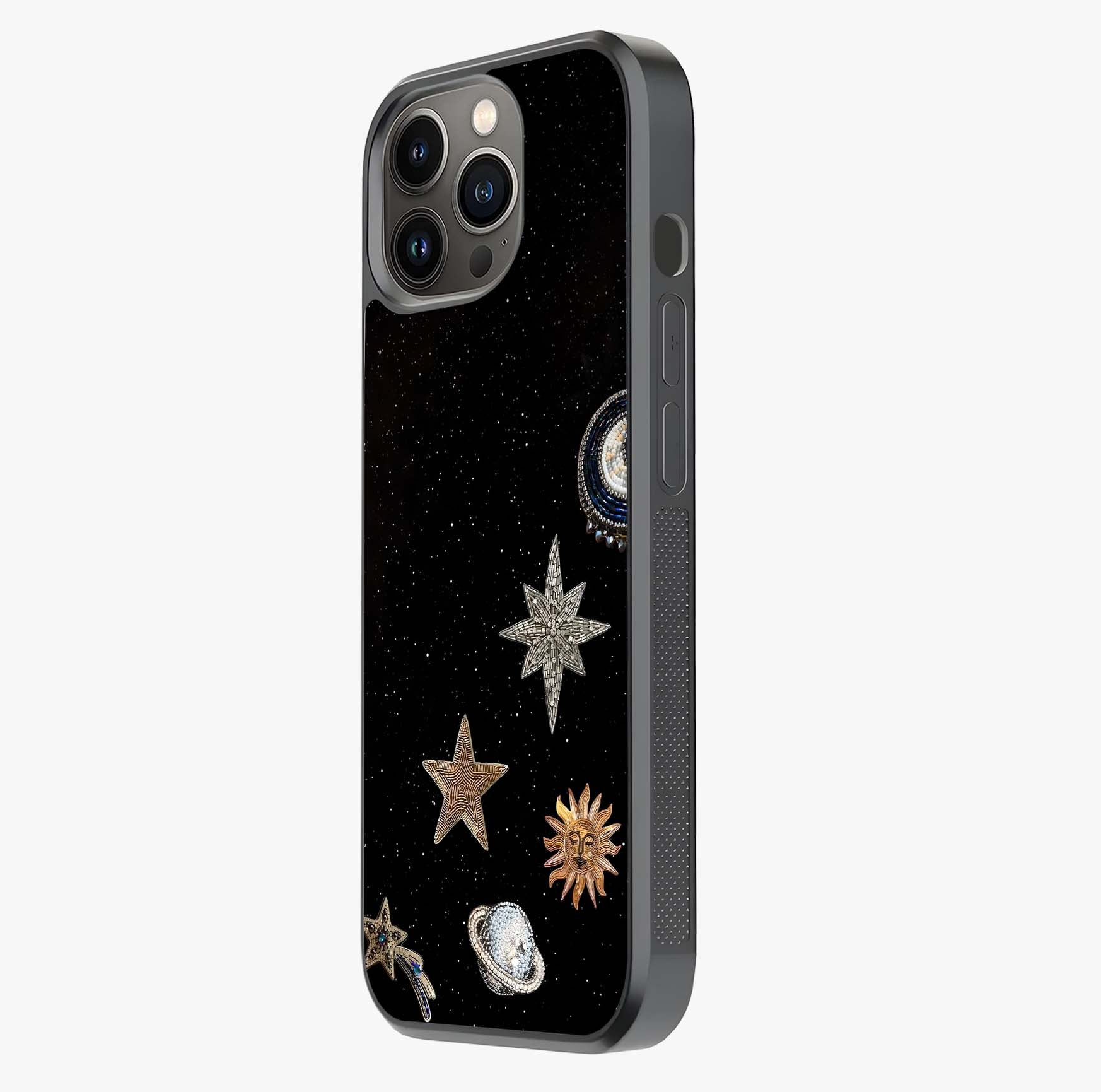 Galactic Charm Glow Glass Case photographed in natural light showing reflective finish and design depth.