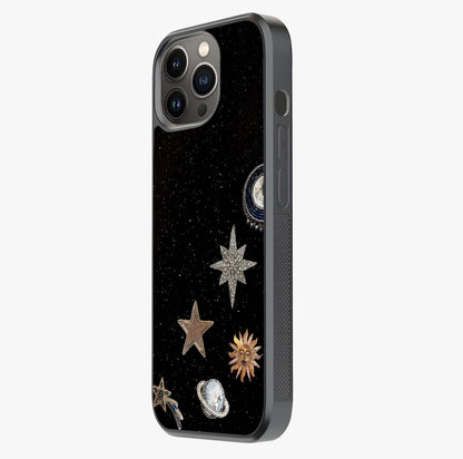 Galactic Charm Glow Glass Case photographed in natural light showing reflective finish and design depth.
