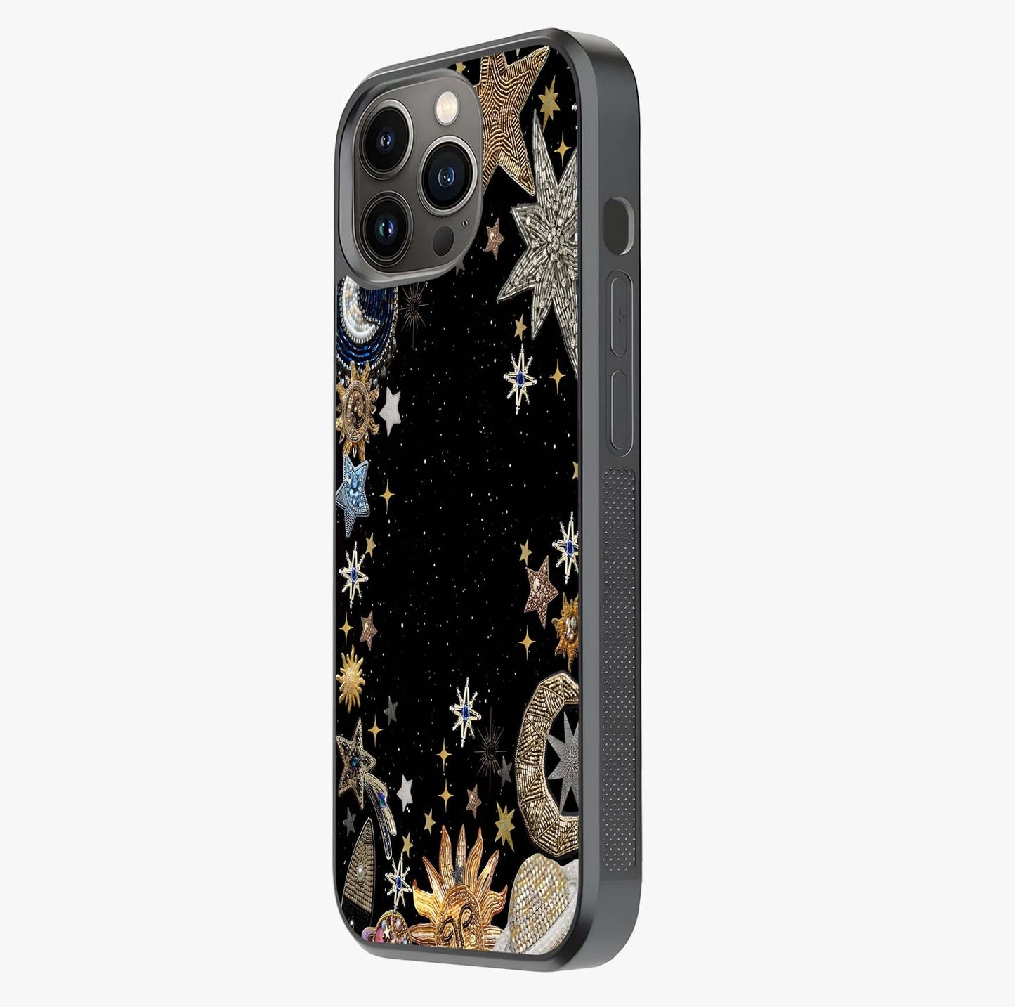 Galactic Jewel Stars Glass Case photographed in natural light showing reflective finish and design depth.