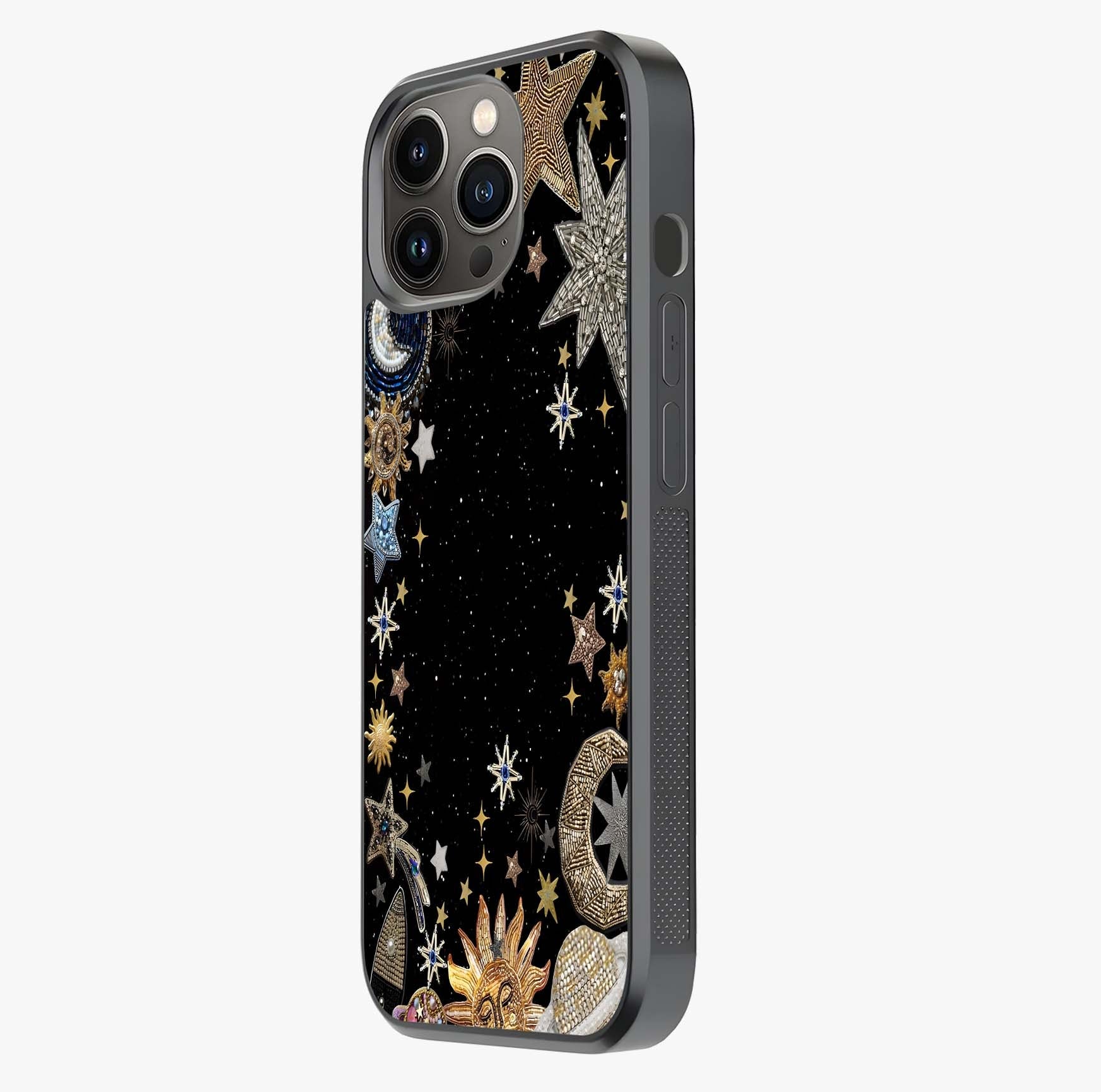 Galactic Jewel Stars Glass Case photographed in natural light showing reflective finish and design depth.
