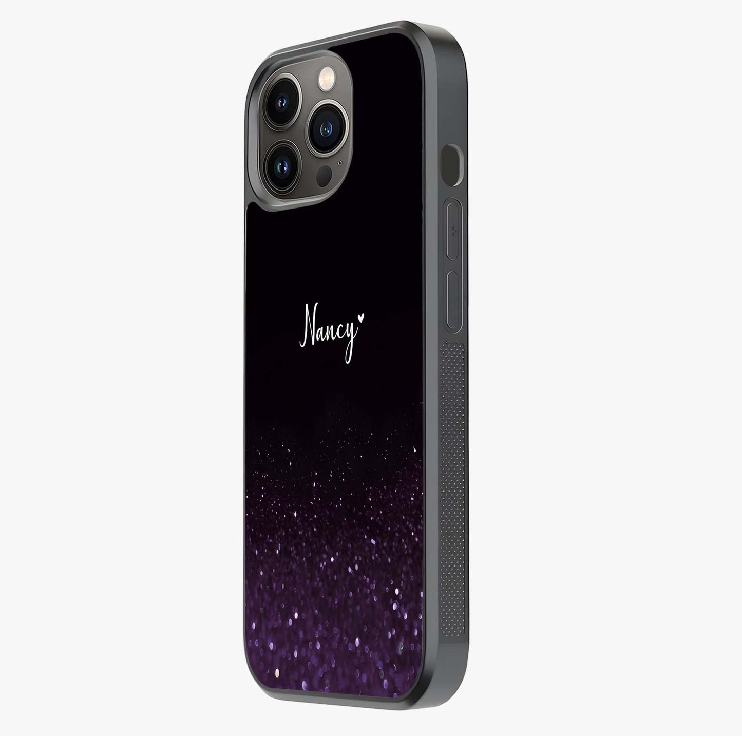 Glittery Purple Bokeh Custom Name Glass Case photographed in natural light showing reflective finish and design depth.