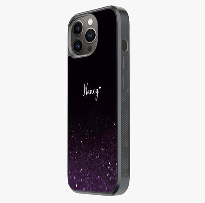 Glittery Purple Bokeh Custom Name Glass Case photographed in natural light showing reflective finish and design depth.