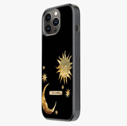 Golden Celestial Charm Glass Case photographed in natural light showing reflective finish and design depth.