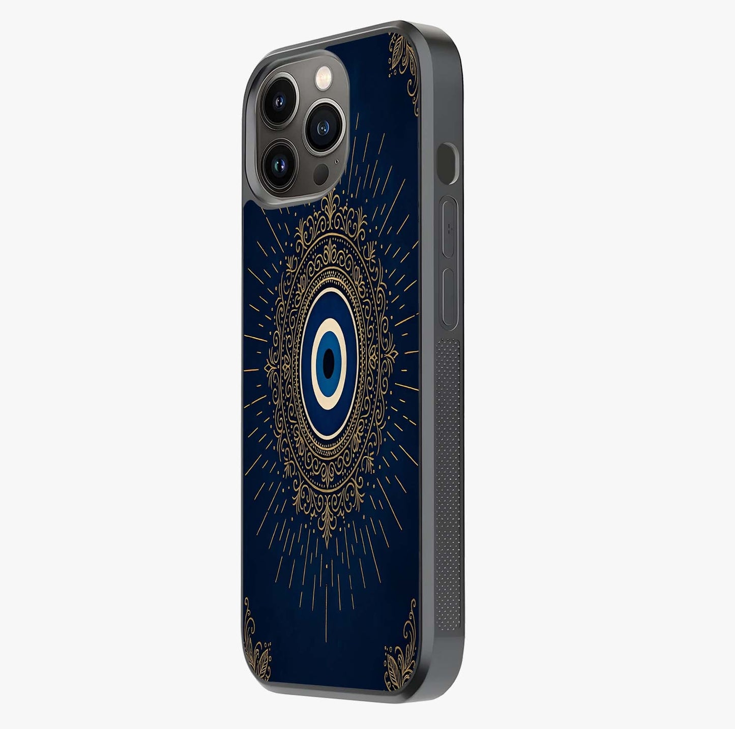 Golden Evil Eye Mandala Glass Case photographed in natural light showing reflective finish and design depth.