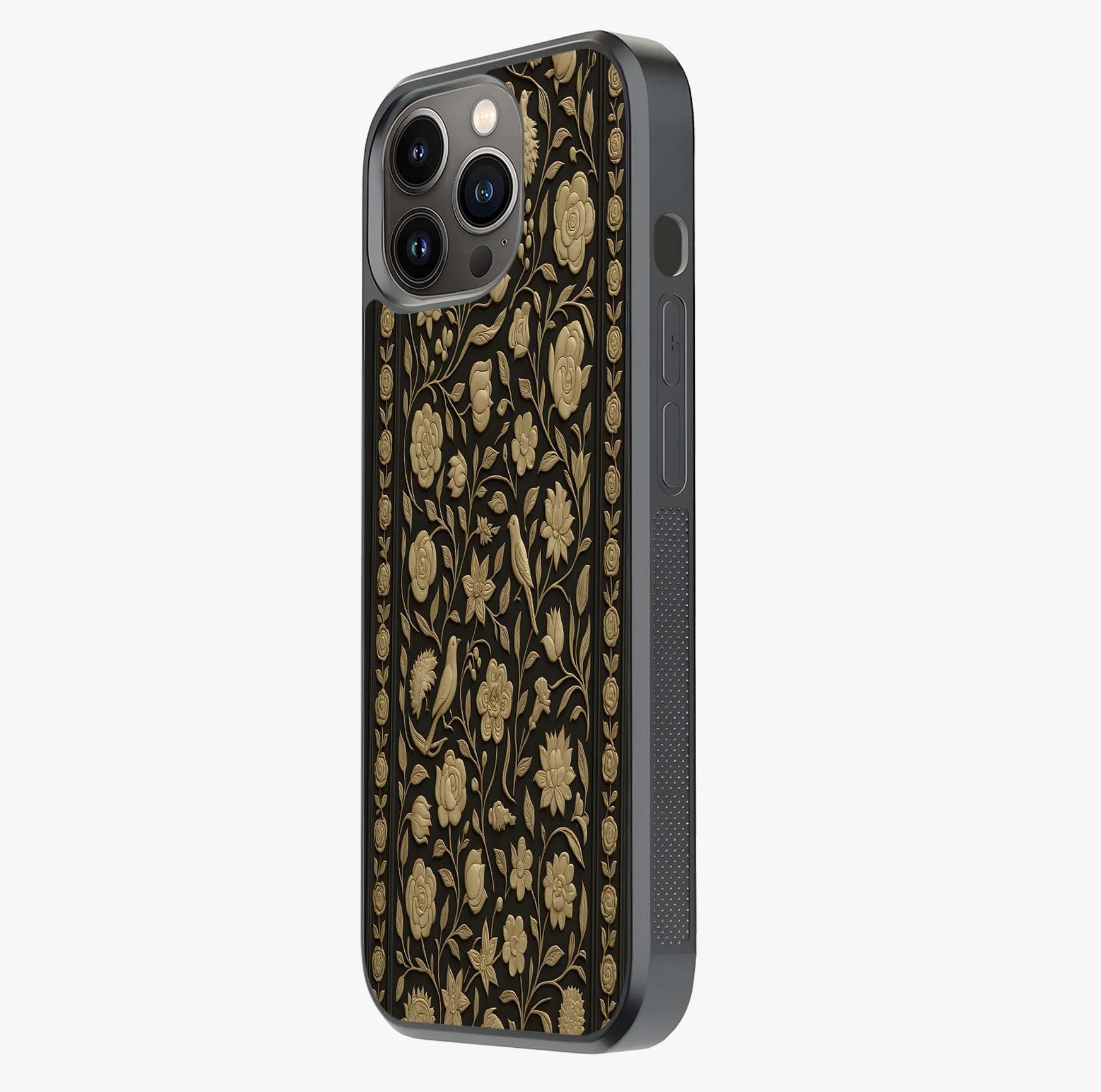 Golden Floral Majesty Glass Case photographed in natural light showing reflective finish and design depth.