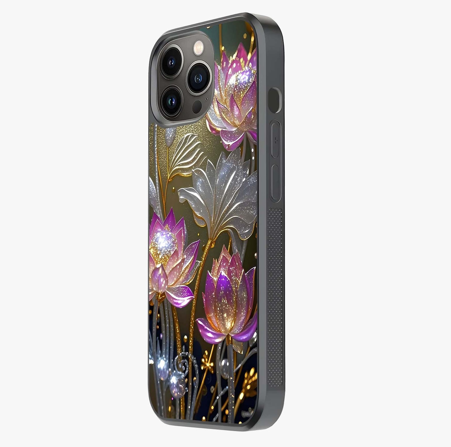 Golden Lotus Glow Glass Case photographed in natural light showing reflective finish and design depth.