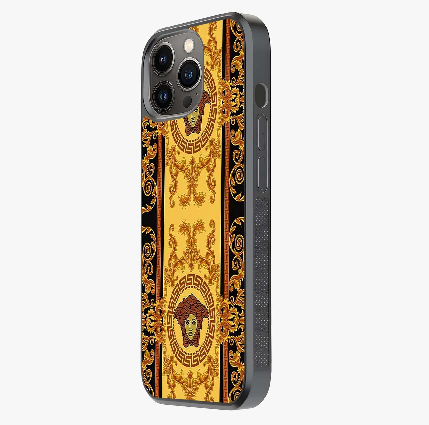 Golden Royal Heritage Glass Case photographed in natural light showing reflective finish and design depth.