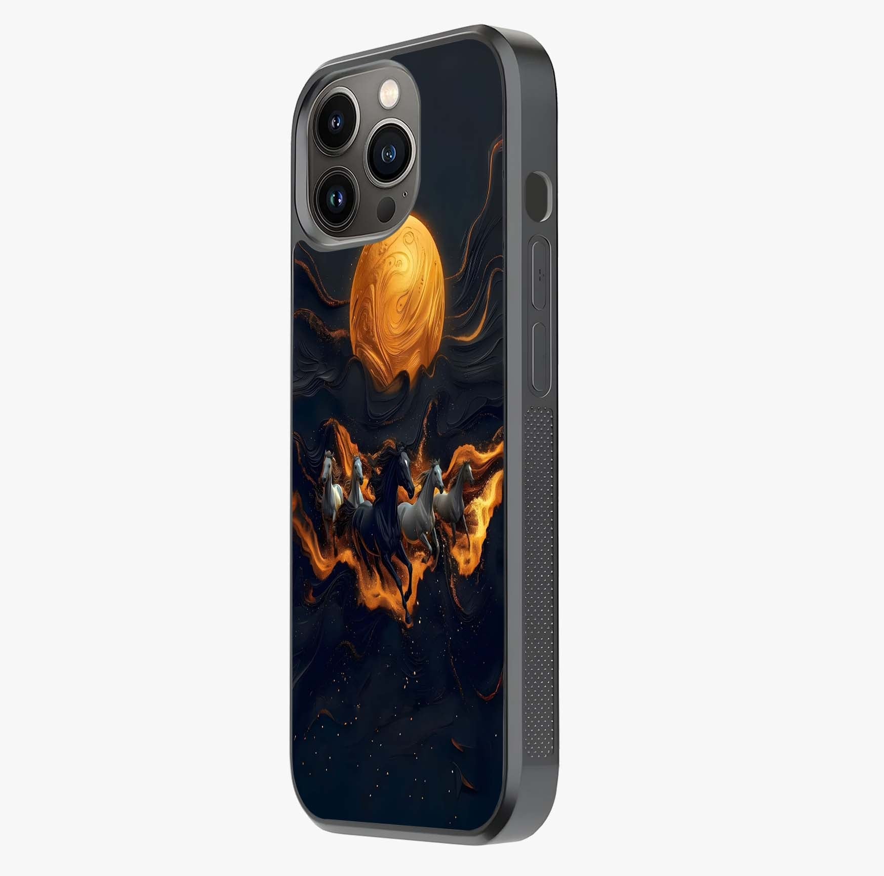 Golden Stallion Moonride Glass Case photographed in natural light showing reflective finish and design depth.