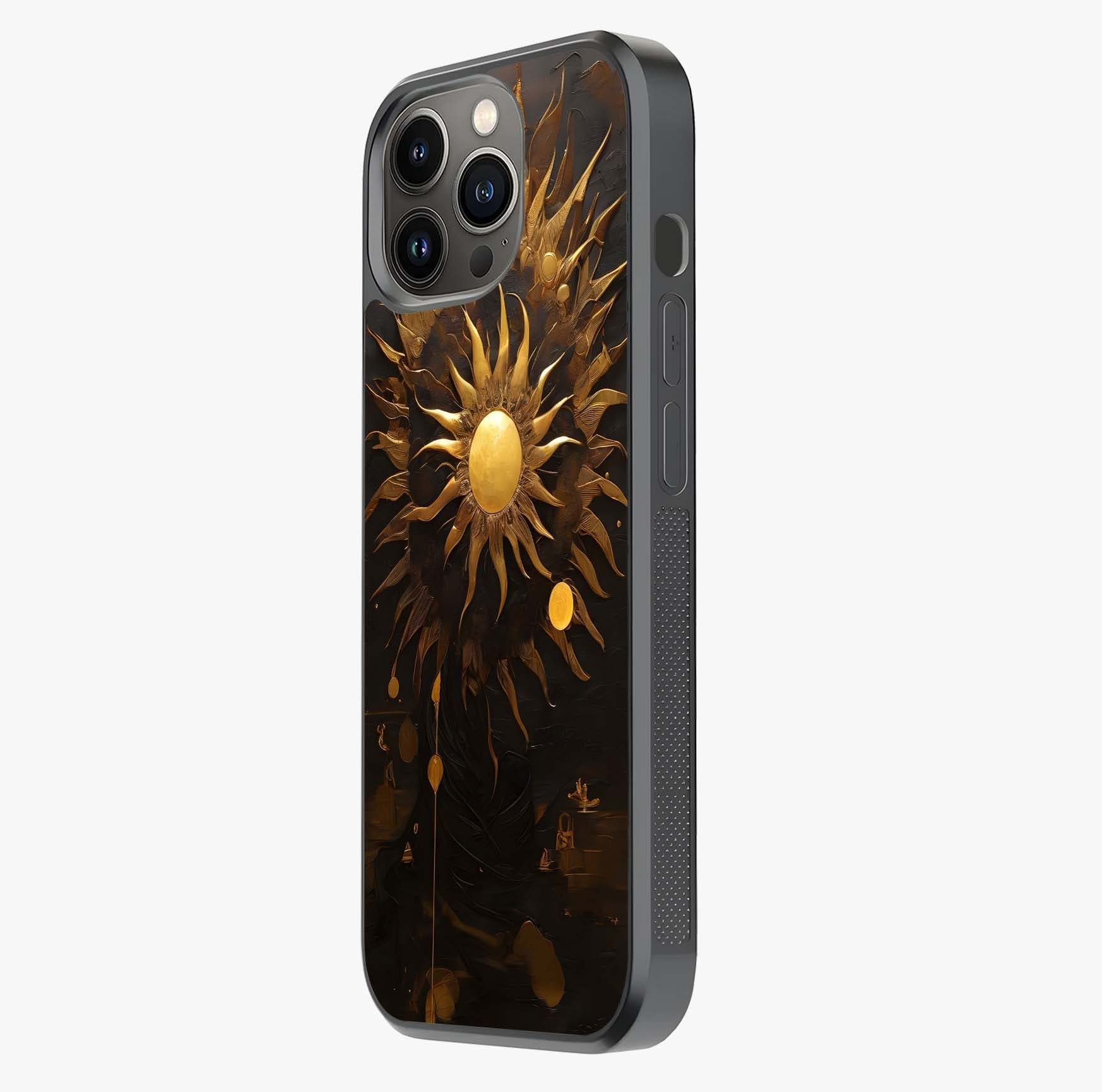 Golden Sun Majesty Glass Case photographed in natural light showing reflective finish and design depth.