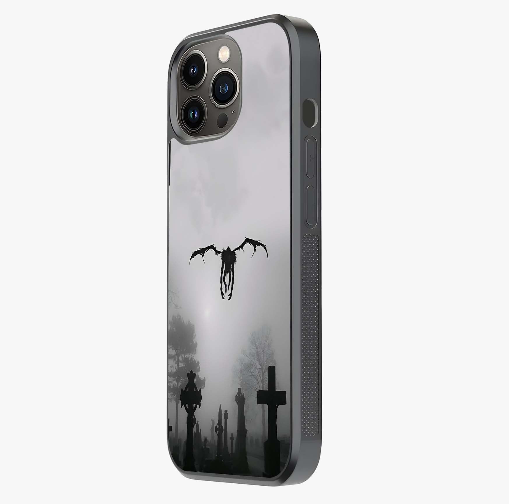 Graveyard Shadow Descent Glass Case photographed in natural light showing reflective finish and design depth.
