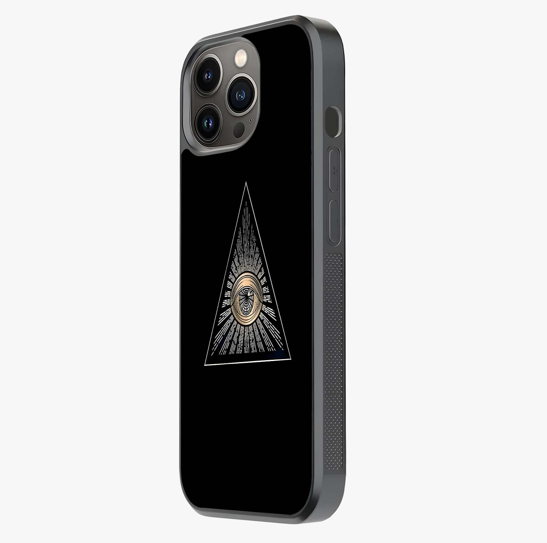 Illuminati Evil Glass Case photographed in natural light showing reflective finish and design depth.