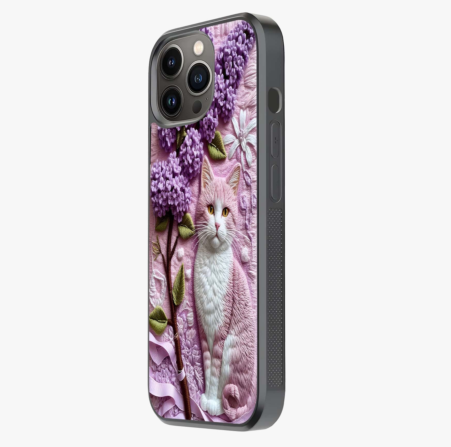 Lavender Cat Whimsy Glass Case photographed in natural light showing reflective finish and design depth.