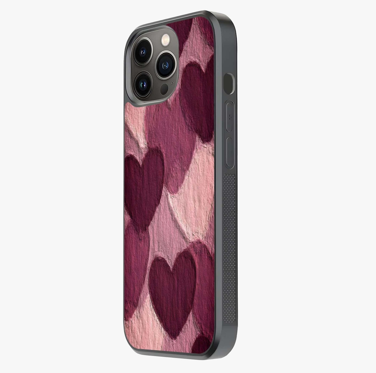 Layered Paper Hearts Glass Case photographed in natural light showing reflective finish and design depth.