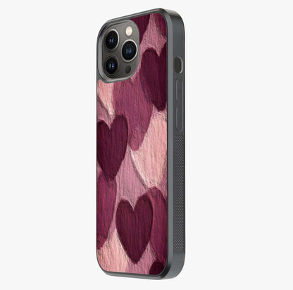 Layered Paper Hearts Glass Case photographed in natural light showing reflective finish and design depth.