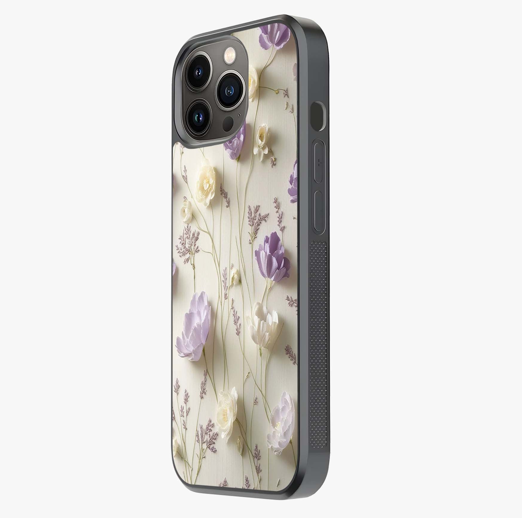 Lilac Breeze Harmony Glass Case photographed in natural light showing reflective finish and design depth.