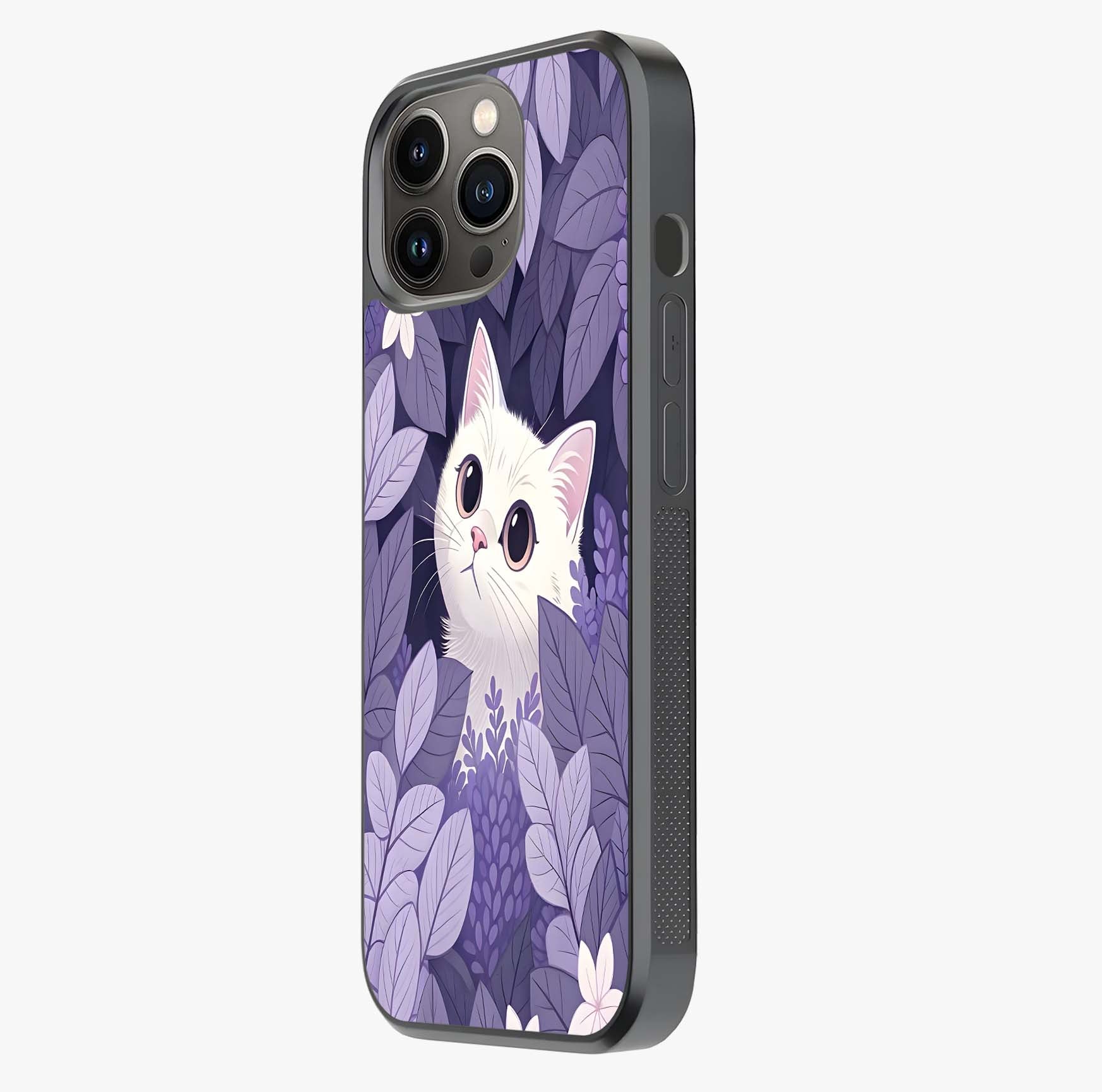 Lilac Hide Peek Cat Glass Case photographed in natural light showing reflective finish and design depth.