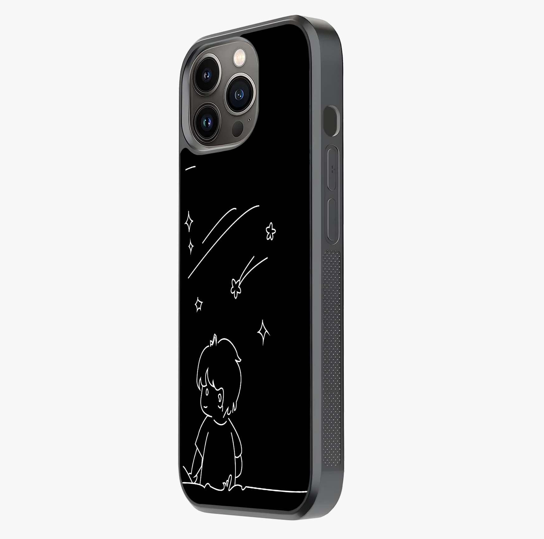 Line Art Boy With Shooting Stars Glass Case photographed in natural light showing reflective finish and design depth.